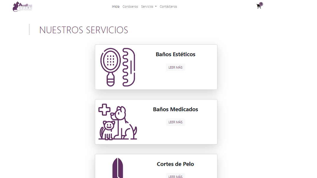 Vista responsiva de servicios veterinarios